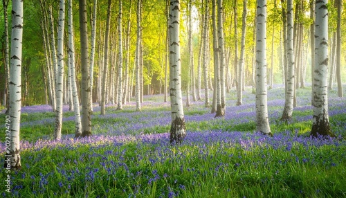Ethereal morning light glows through a lush birch grove carpeted in vibrant bluebells. This tranquil spring landscape represents growth and renewal, ideal for wellness and travel backgrounds.