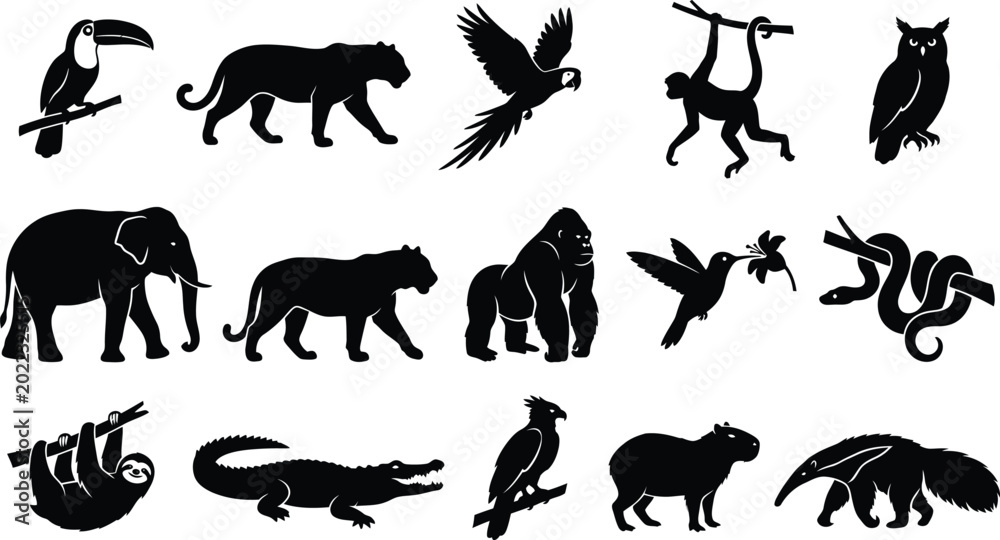Fototapeta premium Black silhouettes of various wild animals and birds on white background, including toucan, tiger, eagle, monkey