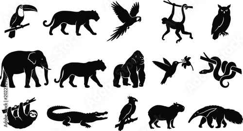 Black silhouettes of various wild animals and birds on white background, including toucan, tiger, eagle, monkey
