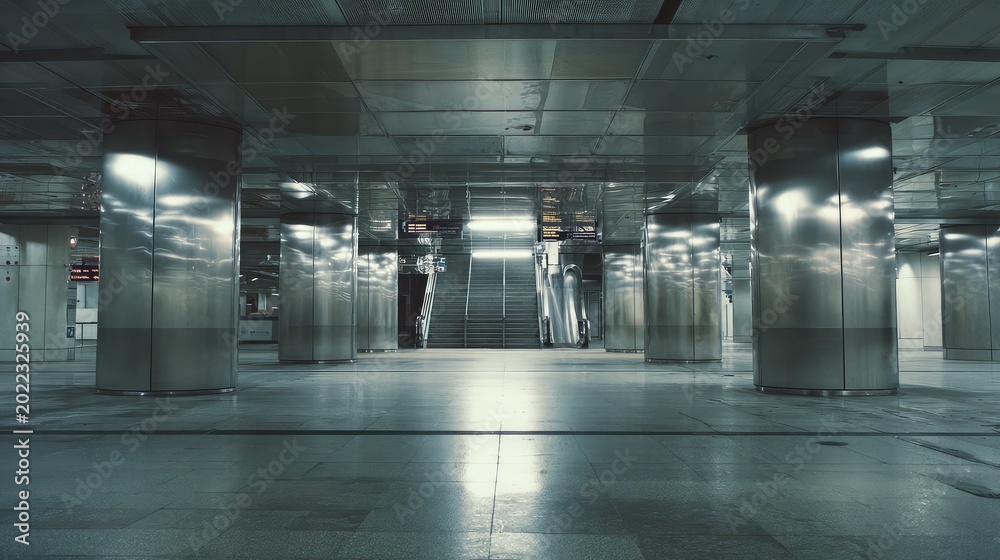 Fototapeta premium Empty underground subway station featuring striking metallic columns, a central staircase, and escalators, creating a sleek architectural space conveying urban travel and solitude