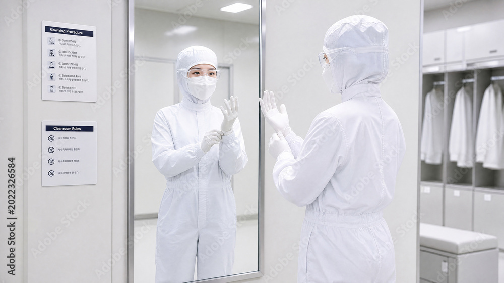 Fototapeta premium 클린룸 반도체 설비를 점검하는 연구원 Researcher Inspecting Semiconductor Equipment in Cleanroom