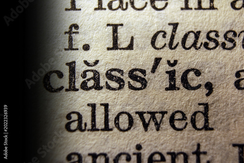 Foto Word classic on dictionary page, macro close up