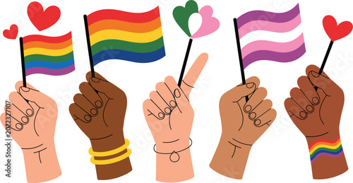 Foto LGBTQ Pride Month Concept Illustration Set Featuring Diverse Hands Holding Rainb