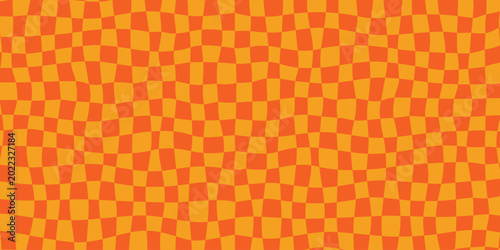 Psychedelic checker background in orange with wavy retro vector squares. Psyc...