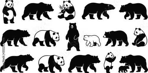 Vászonkép Various black and white bear silhouettes, including pandas and grizzlies bears g