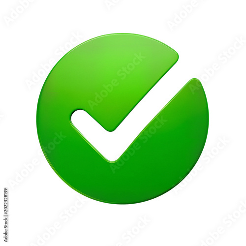 Isolated 3D render of a modern glossy green checkmark icon within a perfect circular shape