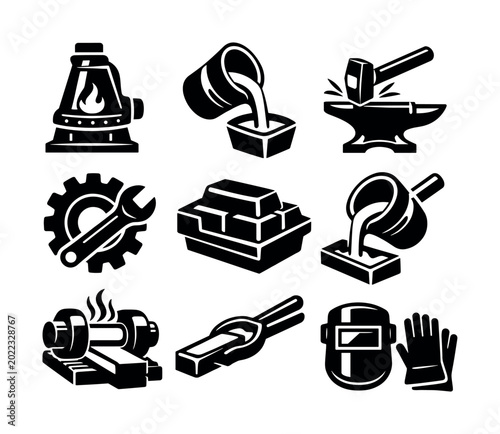 Foto Collection of black and white icons representing metalworking and foundry proces