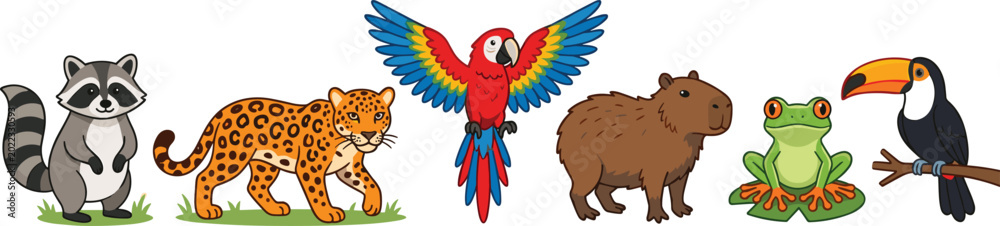 Fototapeta premium Cute Tropical Jungle Animals Vector Character Set with Happy Kawaii Jaguar Parrot Capybara Toucan Frog and Raccoon Icons for Children