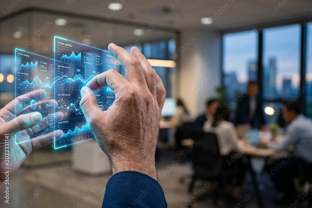 Obraz premium Hands interacting with futuristic digital data interface in modern office