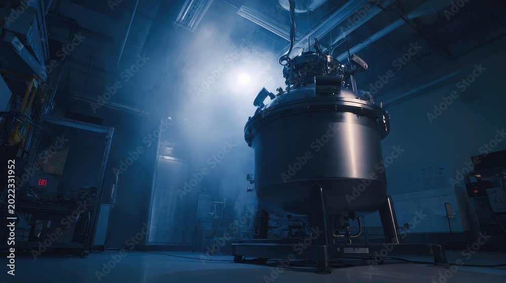 Fototapeta premium Large industrial reactor vessel in a dark, atmospheric laboratory, producing steam for an experimental scientific process related to future energy technology