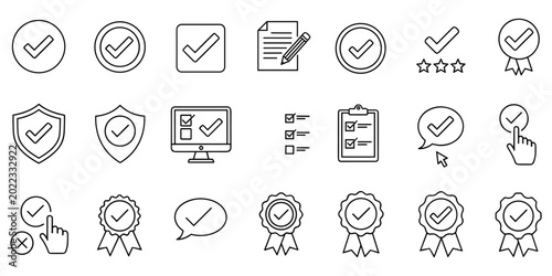Black thin line icons for checkmark verification quality control and business agreement processes