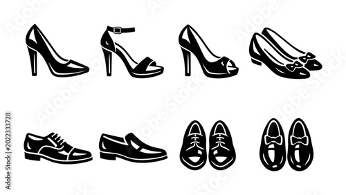 Fotografija Collection of diverse footwear icons for men and women, presented in black and w