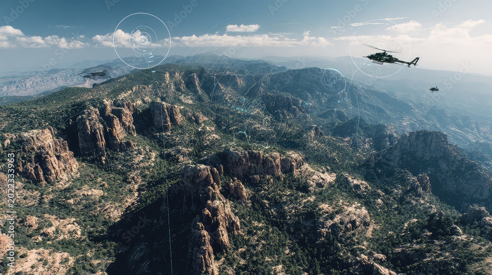 Obraz premium Military helicopters are flying across a sprawling mountain range, equipped with advanced surveillance technology and tactical data overlays for strategic operations