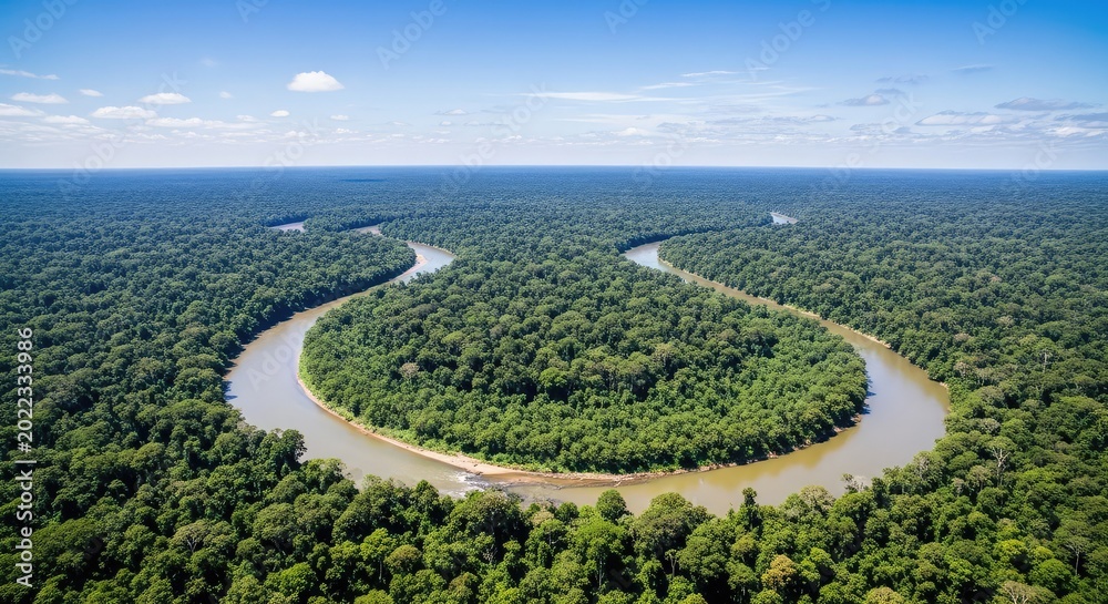 Obraz premium Breathtaking aerial perspective of a winding river curving through a vast, lush tropical rainforest canopy under a clear, bright sky, green, view, tropical