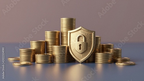 Stacks of golden coins surround a protective shield emblem, representing wealth protection and financial safety.