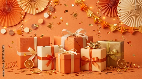A festive arrangement of orange and cream gift boxes with ribbons, surrounded by sparkling confetti, paper fans, and garlands on a vibrant orange background.