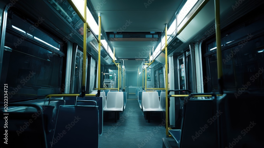 Obraz premium Subway car interior featuring rows of vacant seats and bright overhead lights with dark windows hinting at the urban night outside, emphasizing solitude and nocturnal travel