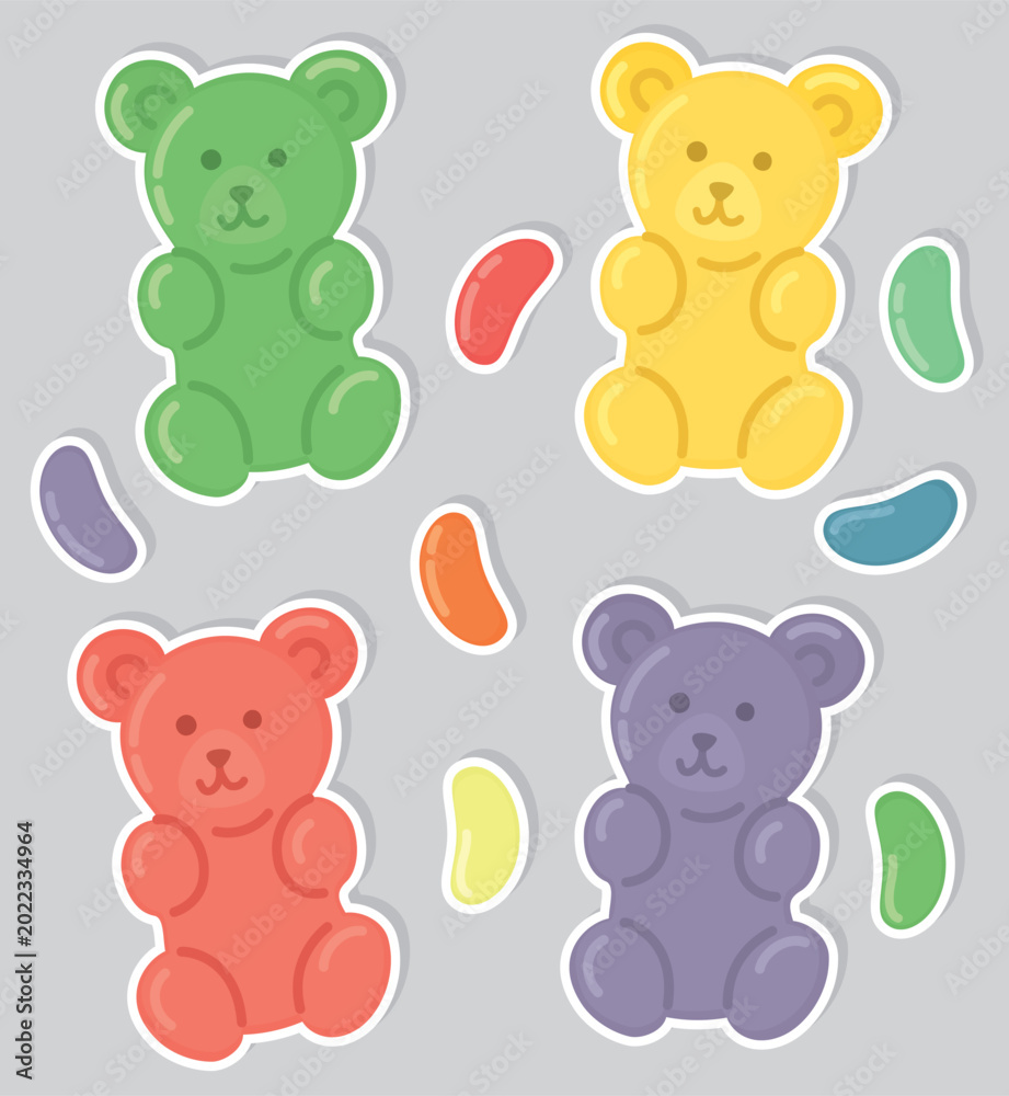 Obraz premium Illustration with colorful gummy bears and jelly beans. Playful stickers with bright treats