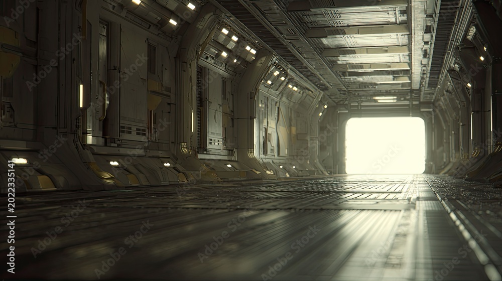 Naklejka premium Spacecraft interior corridor featuring a detailed futuristic design, leading towards a brightly illuminated exit, creating a sense of journey and exploration