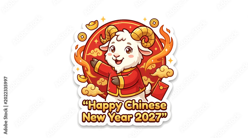 Fototapeta premium Cute cartoon sheep character celebrating Chinese New Year 2027.
