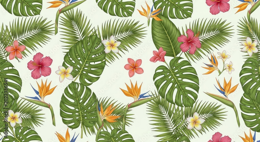 Obraz premium Intricate seamless floral pattern featuring elegant palm fronds and tropical blossoms in a traditional botanical style for textile designs, flora, detailed, texture