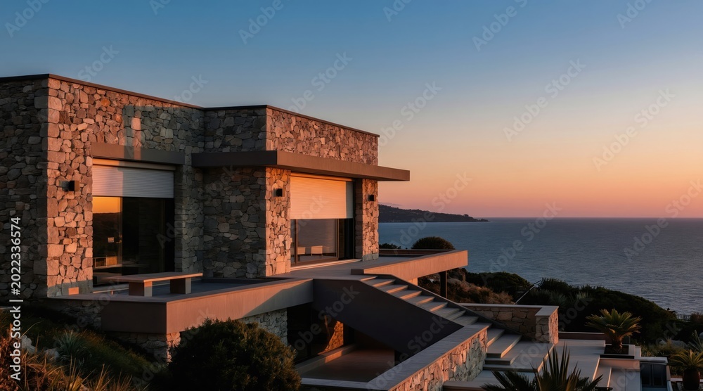 Naklejka premium Modern stone villa with rolled down blinds sits on cliff overlooking calm ocean at sunset. Luxury house offers privacy, sea view, outdoor seating area, and tranquil ambiance.