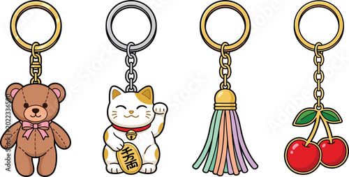 Canvastavla Cute Keychain Set with Teddy Bear Maneki Neko Lucky Cat Colorful Tassel and Red
