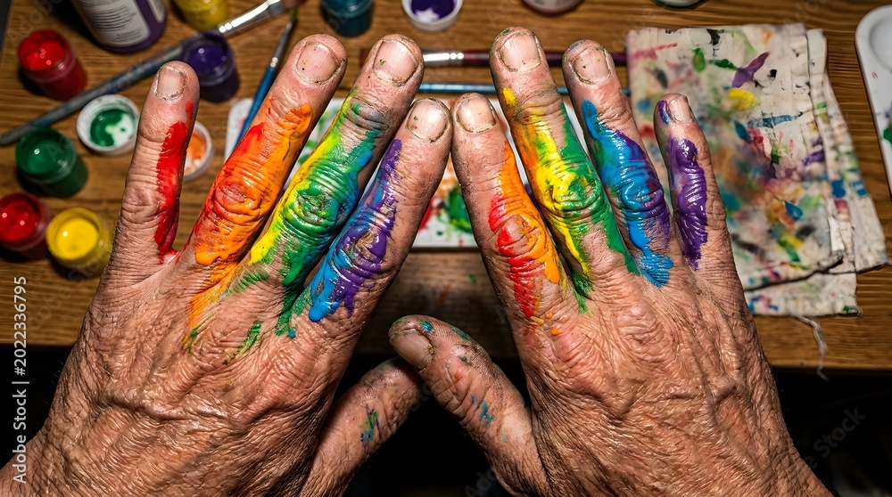 Fototapeta premium Hands covered with colorful paint creating vibrant art on wooden table, close-up view of creative hobby environment