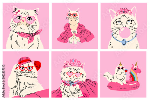Εκτύπωση καμβά Cute Stylish Cats with Sunglasses and Accessories