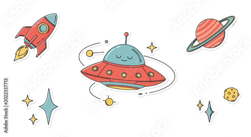 Fotografie Cute Space Objects: Rocket, UFO, Planet, Stars - Kids Cartoon Style