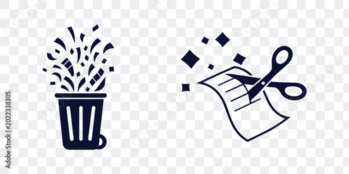 Canvas Print Waste and Privacy Icons Shredded Document in Trash Can and Scissors Cutting Paper
