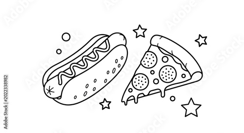 Black and white line art drawing of a hot dog with mustard and a slice of pepperoni pizza, surrounded by stars and circles, perfect for a coloring page.