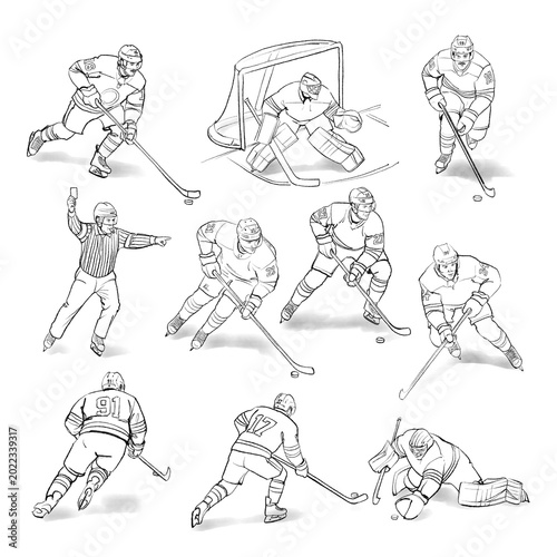 Photography Raster black and white seamless pattern set of ice hockey players and referee, d