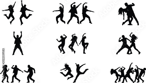 Cuadro en lienzo Dance Party Silhouette Collection with Energetic Men and Women Jumping Performin