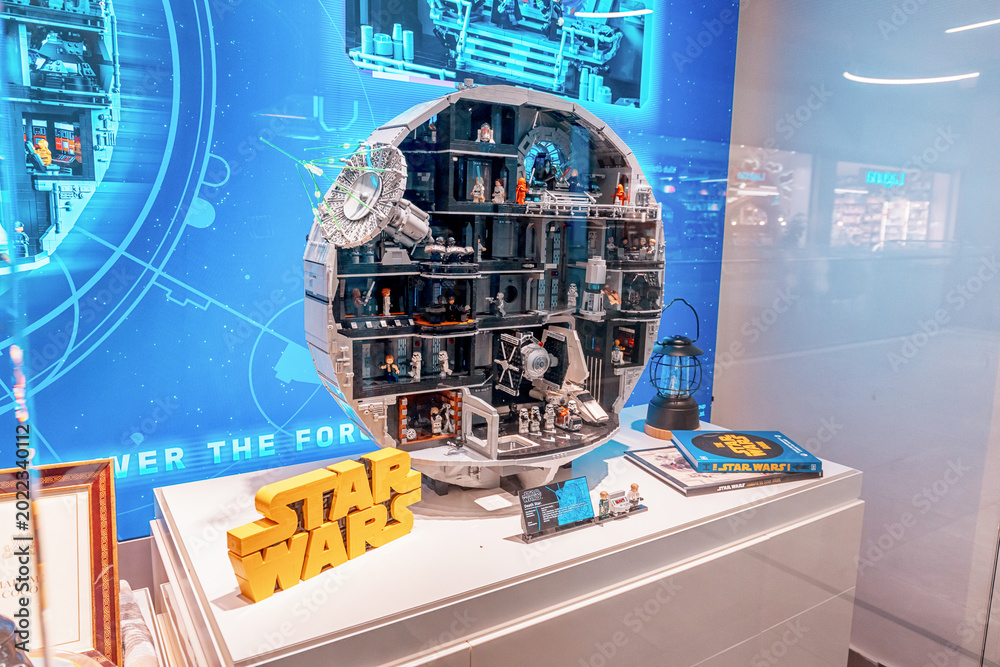 Obraz premium 19 October 2025, Belgrade, Serbia: Detailed LEGO Star Wars Death Star toy model showing multiple interior scenes with minifigures on an exhibition stand