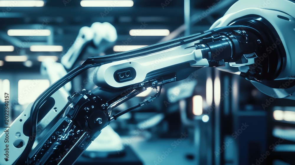 Obraz premium Robotic arm performing tasks in an automated advanced manufacturing facility, representing futuristic technology, industrial innovation, and production efficiency