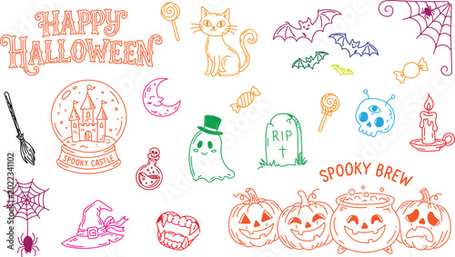 Cute Halloween Doodle Elements Set Vector Illustration, Hand Drawn Spooky Cartoon Icons Collection for Party Decoration, Trick or Treat, Pumpkin, Ghost, Witch Hat, Skull and Haunted Castle Design