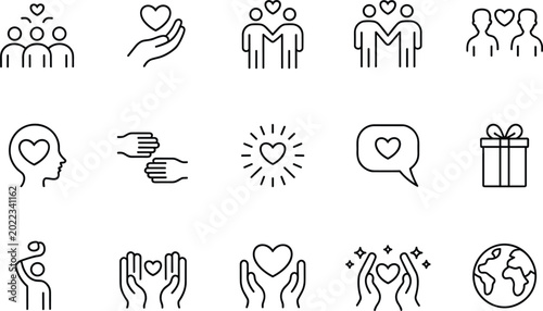 Foto Love and compassion outline icons vector set, caring relationship support and ch