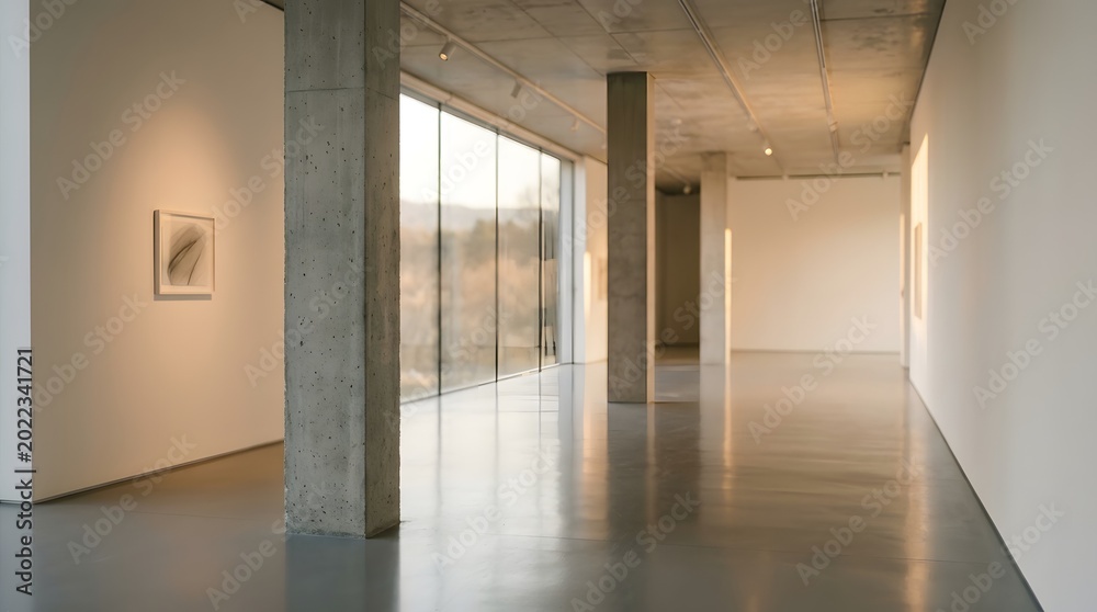 Fototapeta premium Minimalist art gallery interior with natural light and pillars