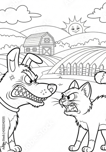 Dog fighting with cat coloring page