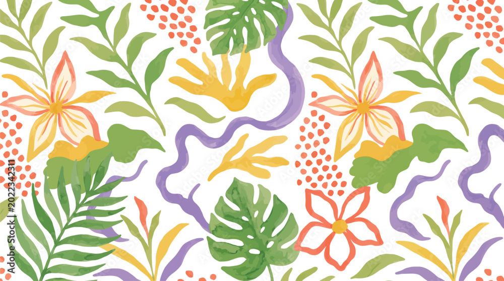 Fototapeta premium Vibrant Tropical Floral and Leaf Pattern Seamless Vector Illustration