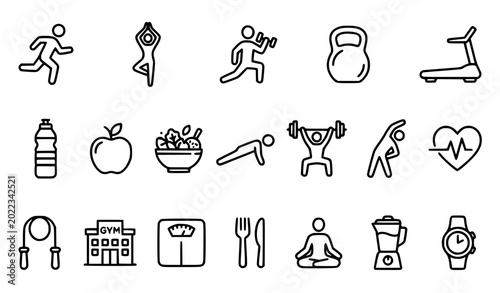 Tableau sur toile Fitness and Healthy Lifestyle Line Icons Set Vector Illustration