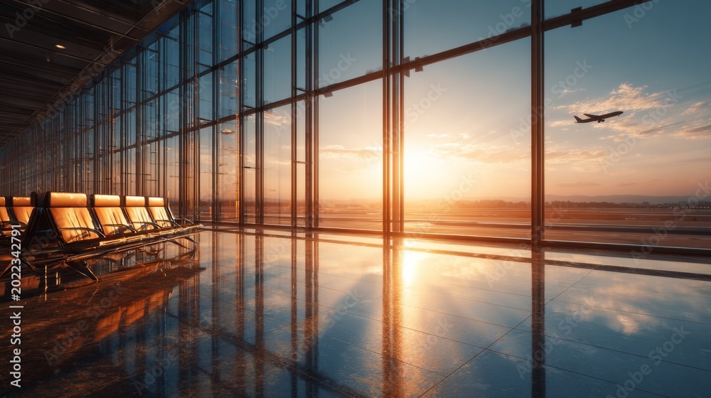 Fototapeta premium Airport terminal lounge with airplane taking off and sunset reflections