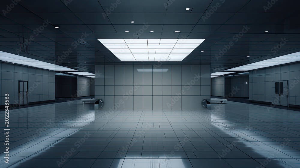 Obraz premium Modern architectural design featuring a shiny tiled floor and ceiling lights reflecting on the surfaces, crafting a clean and orderly minimal space for progress and innovation