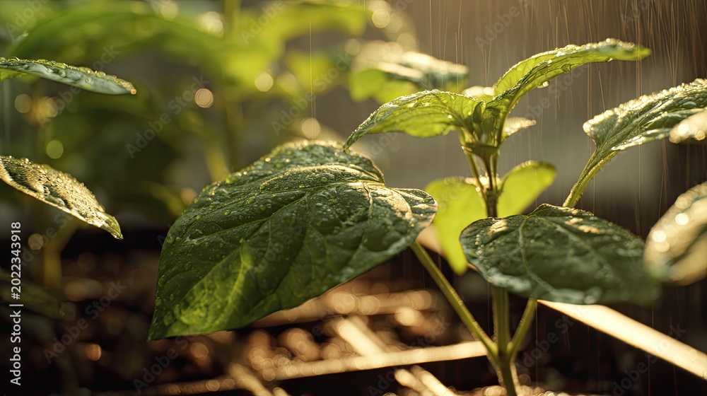 Fototapeta premium Lush green leaves of a growing plant are glistening with fresh raindrops, symbolizing new life, vitality, and the nourishing power of nature and healthy development