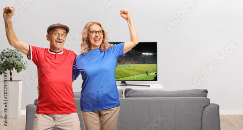 Tableau sur toile Happy mature couple cheering and watching a football match