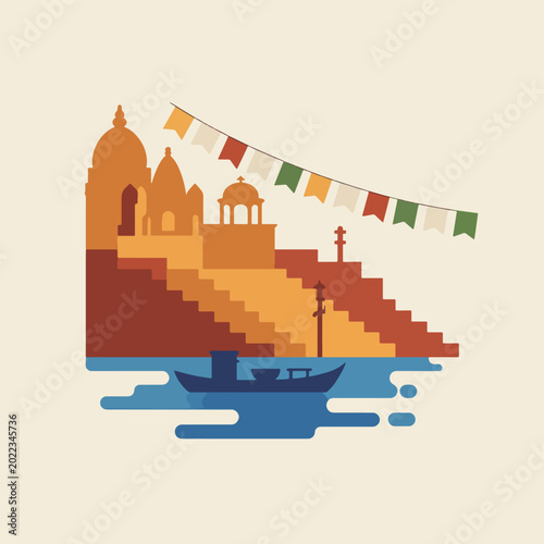Vászonkép Flat of Varanasi ghats with temple domes, stone steps, a boat, and prayer flags,