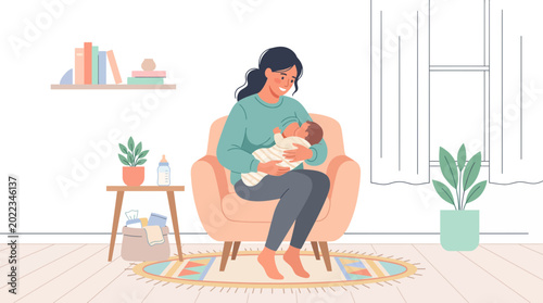 Fotografía A mother sitting in a cozy chair while tenderly breastfeeding her newborn baby
