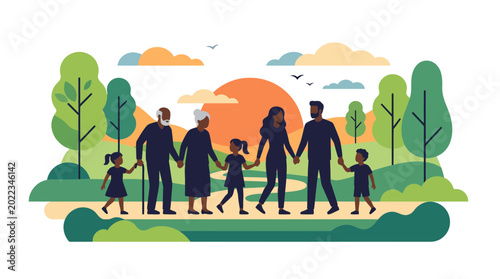 Konstfotografi A multigenerational family holding hands while walking together outdoors