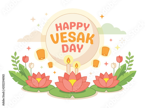 Happy Vesak Day Buddhist Festival Lotus Lantern Greeting Illustration